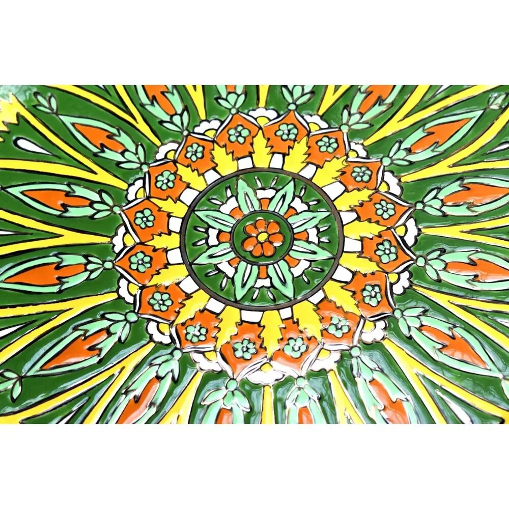 Vintage Greek Wall Plate - Green Yellow Orange Embossed Enamel - Lindos Keramik